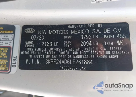 2020 Kia Forte Lxs z USA, uszkodzony, nr VIN 3KPF24AD6LE261884